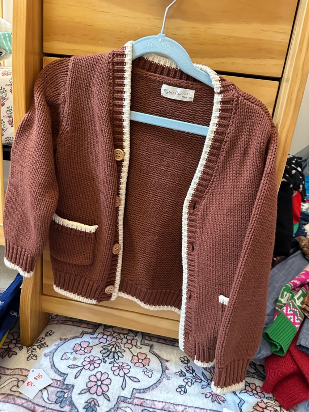 Rylee + Cru Rust Brown Knit Cardigan with Cream Trim